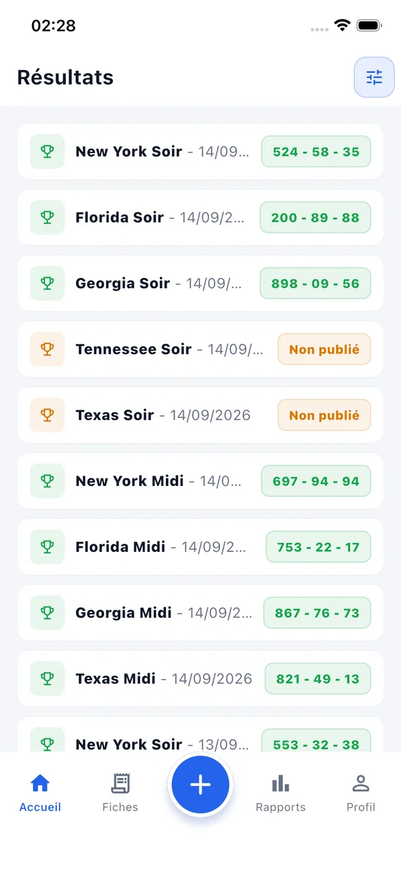 Historique Lottix des tirages avec dates et numéros gagnants.
